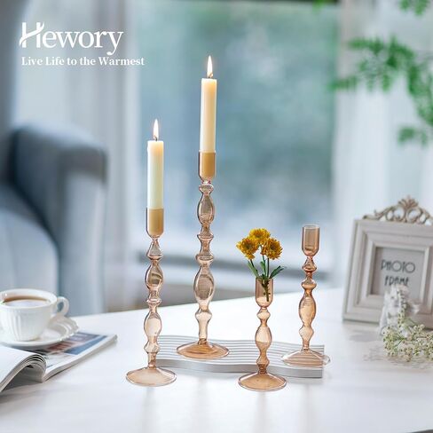 Hewory Glass Candle Holder Set: 4PCS Amber Glass Candlestick Holders Vintage Taper Candle Holders for Candlesticks, Unique Candle Sticks Holder Decor for Table Dinner Festival Events Decorations in Kuwait