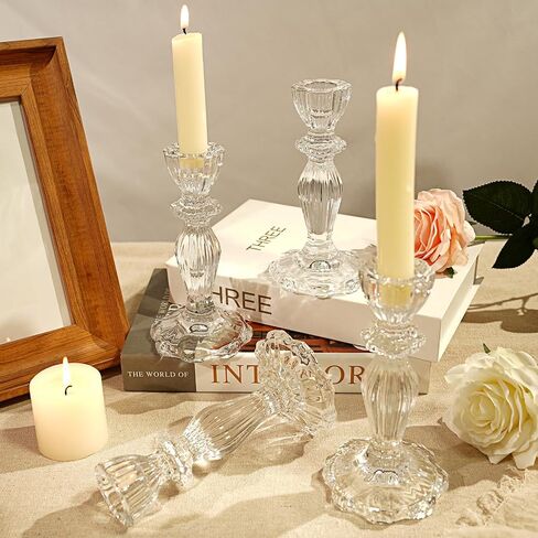 6.2" Tall Glass Candle Holder Set of 6 Glass Taper Candle Holders for Candlesticks Clear Crystal Glass Candlestick Holders Candle Sticks Holder Decor for Wedding, Birthday, Thanksgiving,Housewarming in Saudi Arabia
