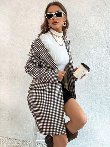 WDIRARA Women's Plaid Button Front Long Sleeve Blazer Elegant Gingham Jacket in Kuwait
