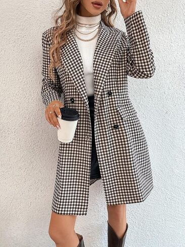 WDIRARA Women's Plaid Button Front Long Sleeve Blazer Elegant Gingham Jacket in Kuwait