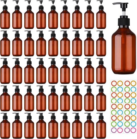 46 Pack Amber Plastic Bottles with Pump Dispenser, 8 oz Plastic Pump Bottle Dispenser, Shampoo Bottles Refillable with Pump, Soap Dispenser, Refillable Containers for Lotion, Essential Oil in Saudi Arabia