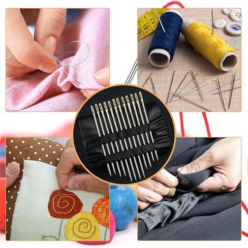 إبر الخياطة اليدوية ذاتية الخيط - إبر سهلة الخيط للخياطة اليدوية، إبرة تطريز جانبية ذاتية الخيط مع علبة إبرة خشبية نمط نحت 24 قطعة in Kuwait