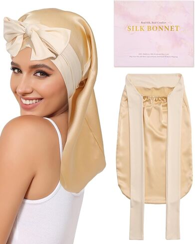 AWAYTR 100% Mulberry Silk Bonnet - Long Hair Cap for Sleeping Tie Band Bonnet for Braids Curly Hair in Kuwait
