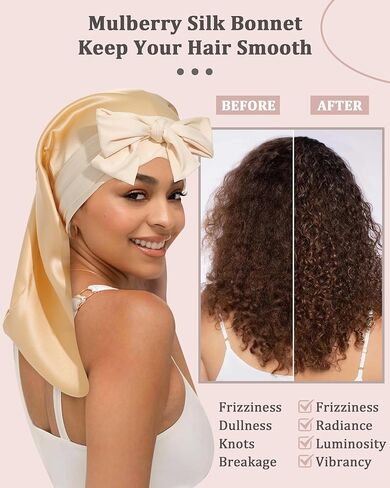 AWAYTR 100% Mulberry Silk Bonnet - Long Hair Cap for Sleeping Tie Band Bonnet for Braids Curly Hair in Kuwait