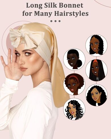 AWAYTR 100% Mulberry Silk Bonnet - Long Hair Cap for Sleeping Tie Band Bonnet for Braids Curly Hair in Kuwait