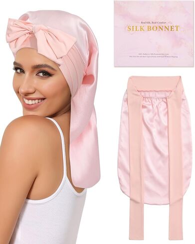 AWAYTR 100% Mulberry Silk Bonnet - Long Hair Cap for Sleeping Tie Band Bonnet for Braids Curly Hair in Kuwait