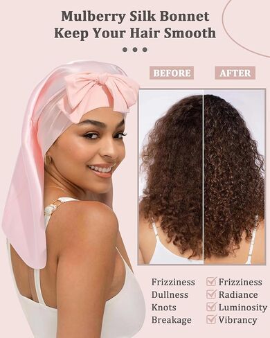 AWAYTR 100% Mulberry Silk Bonnet - Long Hair Cap for Sleeping Tie Band Bonnet for Braids Curly Hair in Kuwait