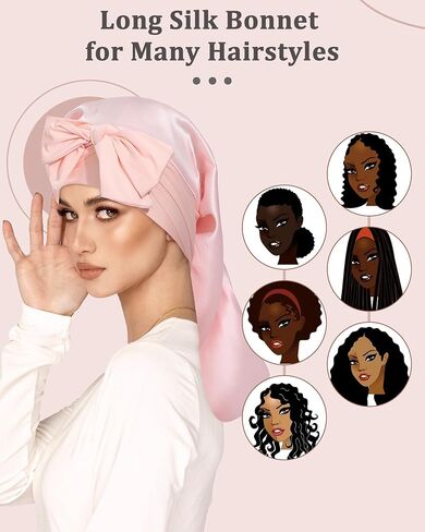 AWAYTR 100% Mulberry Silk Bonnet - Long Hair Cap for Sleeping Tie Band Bonnet for Braids Curly Hair in Kuwait