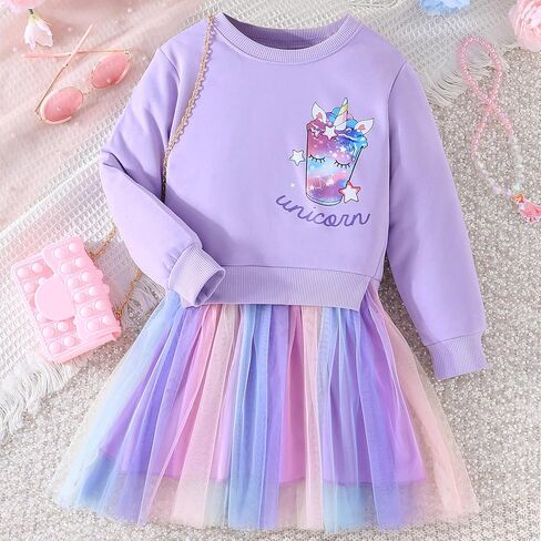 Girls Tutu Dress Winter Long Sleeves Party Gifts Kid Rainbow Dresses Toddler Outfit for Girls 3-7 Years in Saudi Arabia