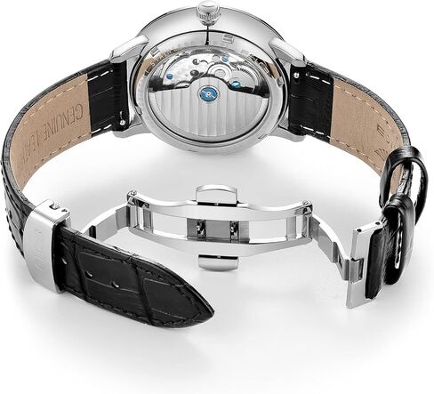 FEICE Men's Automatic Watch Mechanical Watch Stainless Steel Leather Band Watches Analog Curved Mirror Brushed Finish Casual Dress Watches for Men #FM212 (4-Silver+Leather Strap) in Kuwait