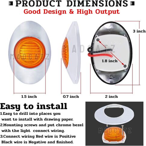 MADCATZ 3 بوصة (حزمة من 16) كهرمان بيضاوي صغير LED 3 ثنائيات جانبية لوحة ضوء مصباح دوران شامل مع إطار من الكروم لمقطورة الالتقاط RV Van Lorry Truck Boat Cabin 12V DC Low Q012 in Kuwait