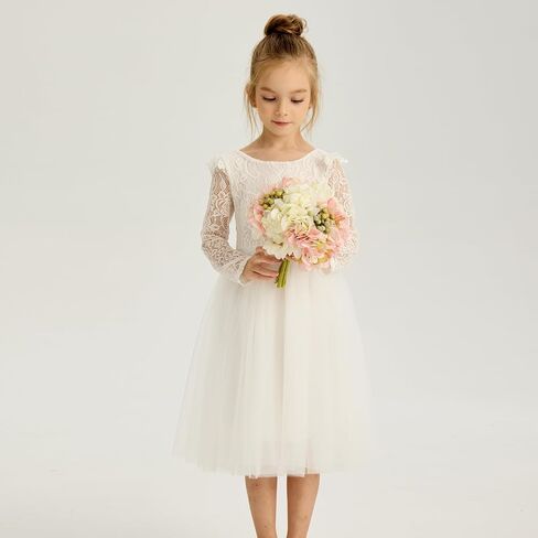 Tutu.kk Toddler Girls Tutu Dress Lace Bow Tie-Back Straight Tulle Long Sleeve Flower Girl Dresses for Party in Saudi Arabia