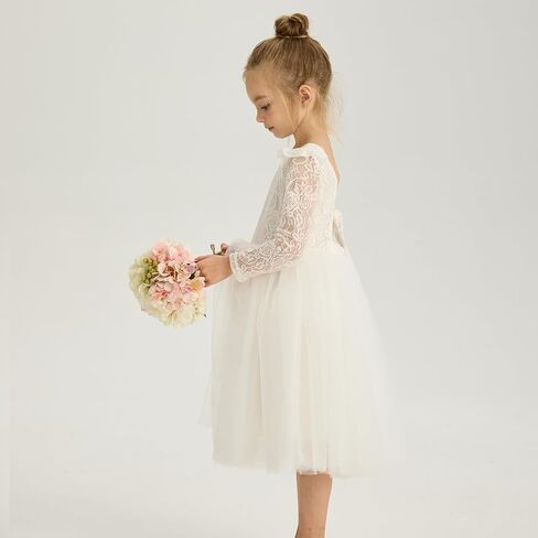 Tutu.kk Toddler Girls Tutu Dress Lace Bow Tie-Back Straight Tulle Long Sleeve Flower Girl Dresses for Party in Saudi Arabia