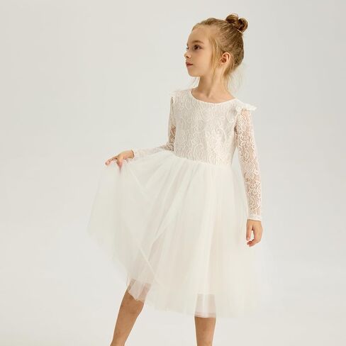 Tutu.kk Toddler Girls Tutu Dress Lace Bow Tie-Back Straight Tulle Long Sleeve Flower Girl Dresses for Party in Saudi Arabia