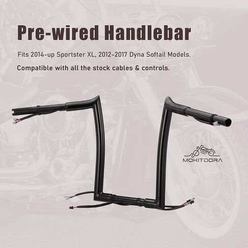 MoKitDora Sportster Dyna Softail Pre-wired Ape Hangers 12" Rise 1.25" Fat 1" Clamp Handlebar Meathook Bars for 2012-2017 Dyna Softail 2014-up Sportster, Chrome in Kuwait
