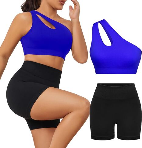 Women's 2 Piece Exercise One shoulder Sports Bra Tops High Waist Shorts Leggings Active Set in Saudi Arabia