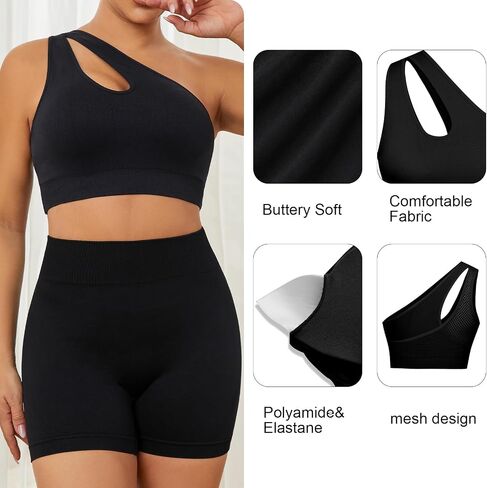 Women's 2 Piece Exercise One shoulder Sports Bra Tops High Waist Shorts Leggings Active Set in Saudi Arabia