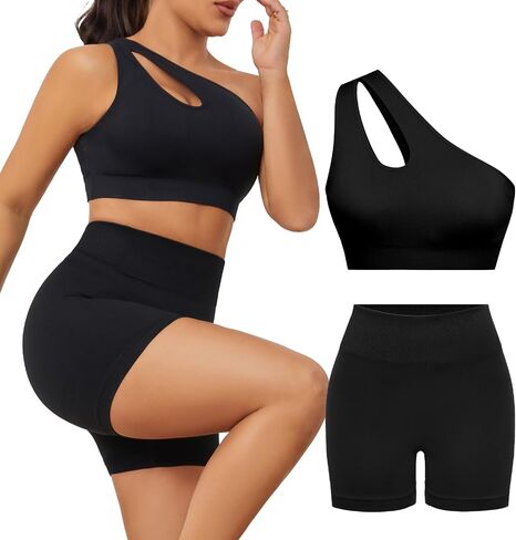 Women's 2 Piece Exercise One shoulder Sports Bra Tops High Waist Shorts Leggings Active Set in Saudi Arabia