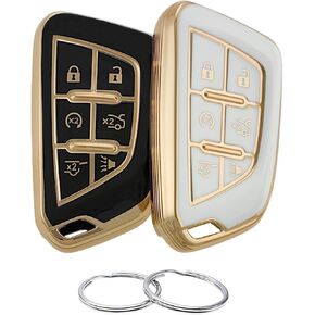 TPU Key Fob Cover Compatible with Cadillac Escalade Escalade ESV (6 Buttons) (Black/White)