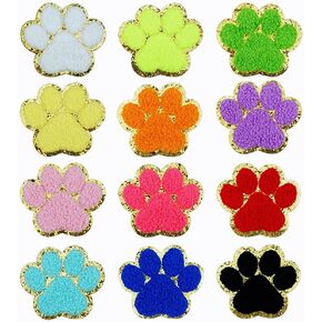 12 PCS Paw Print Patch Gold Edges Chenille Patches Paw Print Iron On Patch Cat Dog Pet Paw Patch for DIY Hats Bags Jackets