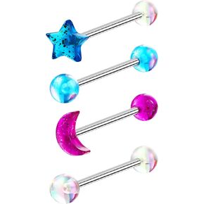Jewseen 4Pcs Tongue Rings 14G Tongue Piercing Jewelry Star Tongue Studs Moon Tongue Barbell Surgical Steel Tongue Ring for Women Men Tongue Bar Straight Barbell