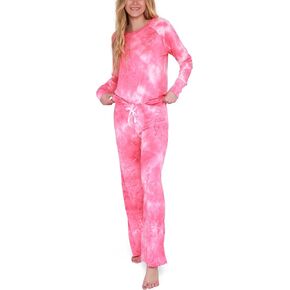 Hello Mello Dyes The Limit Lounge Wide Leg Pajama Pants & Long Sleeve Raglan Shirt - Coral, Medium/Large