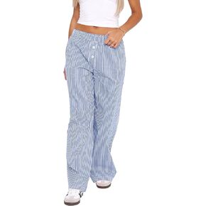 Balimtoy Womens Casual Striped Wide Leg Trousers Y2k Stripe Elastic Low Rise Loose Pajamas Lounge Pants with Pockets