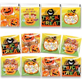 400 Pcs Halloween Cellophane Candy Bag Self Adhesive Clear Treat Bags 4 Cartoon Designs Trick or Treat Cookie Bags Cute Pumpkin Spider Clear Bags for Snacks Gifts Cookie Candy Packing