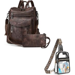 Shrrie Backpack Purse for Women + Clear Bag Stadium Approved Coffee&Black