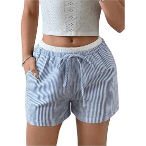 OYOANGLE Women's Color Block Striped Shorts Elastic Drawstring Waist Pocket Shorts Casual Lounge Shorts