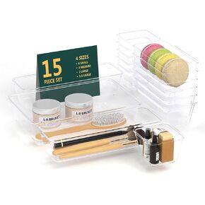 JIUYOTREE 15 PCS Clear Plastic Drawer Organizers Set 4 Size Cosmetic Clutter Organizer Storage Trays Bins for Makeup Gadgets Utensils Jewelry Office Accessories and Bathroom Supplies