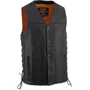 Milwaukee Leather MLM3520 Men's Black Leather Vest - Classic V-Neck Straight Bottom Side Lace Motorcycle Rider Vest
