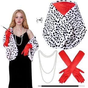 Halloween Costume Women Dalmatian Shawl,Red Gloves,Necklace and Wig Cap Accessories for Adult cosplay party costume