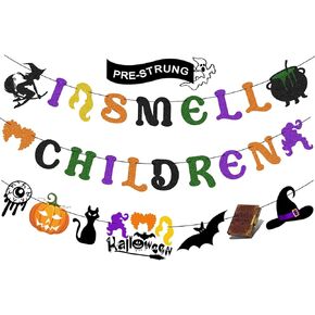 Halloween Decorations - Colorful I Smell Children Banner, Halloween Garland with Witch, Witch's Brew, Pumpkin and Halloween Bats for Halloween Party Decorations, Hocus Pocus Decorations