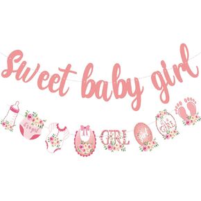 Pre-Strung Baby Shower Girl Decoration | Banner Sweet Baby Girl Sign Decorations Rose Gold Glittery Letters | Gender Reveal Decorations | Baby Sprinkle Decorations for Girl | Baby Gender Reveal Party Decoration Supplies