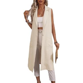 2024 Fall Sleeveless Long Linen Blazers Jacket Women Lightweight Fashion Casual Work Vest Waistcoat Pockets