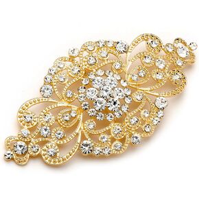 Mariell Vintage Bridal Crystal Brooch Pin, 4" Wide, Gold Wedding Pin, Rhinestone Brooch for Brides and Wedding, Art Deco Fashion Accessory