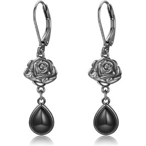 OHAYOO Black Onyx Earrings 925 Sterling Silver 14K Yellow Gold Plated Rose Lever Back Earrings Black Onyx Jewelry Gift for Women Girls
