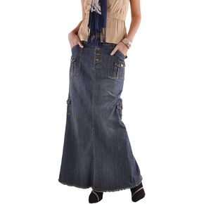 Glkaend Long Denim Skirts for Women Slit Back Vintage Cargo Jean Skirts High Waist Frayed Multi Pockets Maxi Denim Skirts