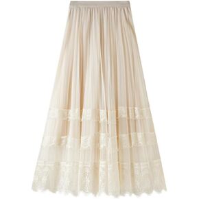 Women's Midi Skirt Elastic High Waist Lace Tulle Skirt Pleated Skirt