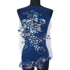 Fabric 3D Flowers Beads Patches Sequins Rhinestone Appliques Embroidery Lace Trims Mesh Sew On Patch for DIY Wedding Dress (Blue)