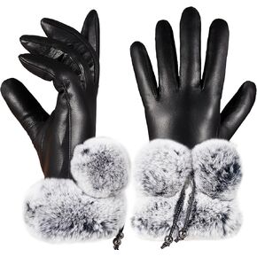 VIKIDEER Super Warm Fur Lined Leather Gloves Women Rex Rabbit Fur Cuffs Touchscreen Texting
