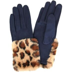 Me Plus Women Fashion Winter Elegant Animal Leopard Print Faux Fur Trim Touchscreen Gloves