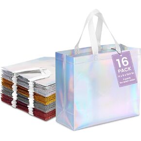 JOHOUSE 16PCS Party Favor Bags with Handles, 12.6 x 5 x 11 Inch Large Reusable Gift Bags with Glossy Finish Gold Silver Rose Iridescent Non-woven Bags for Kids Birthday Wedding Party Favors