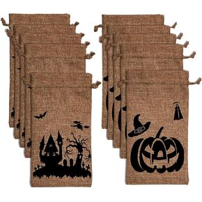 LUTER 9.8" x 5.8" Halloween Burlap Bags Trick or Treat Hessian Bags Drawstring Gift Bags for Party Candy Cookie Goodie Favors(10 Pack)