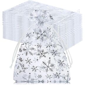 100Pcs Christmas Organza Bags, 4x6 Organza Gift Bags Snowflake Mesh Drawstring Gift Bags for Xmas Wedding Party Favor, Jewelry Candy Goodie Bags