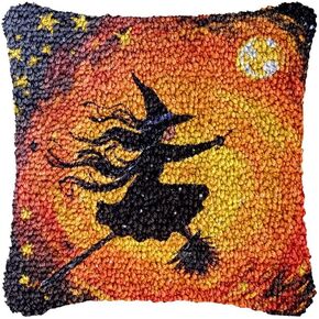 Halloween Pattern Latch Hook Throw Pillow Kits for Adults and Starter DIY Cushion Pillowcase Cross Stitch Latch Hook Rug Kits with Preprinted Canvas Crochet Yarn Kits Needlework Crafts 17'' X 17''