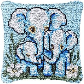 Elephant Family Latch Hook Pillow Cover Kits for Needlework Cushion Throw Pillow Cross Stitch Crochet Hook Pillowcase Rug Kits Printed Canvas Crochet Yarn Kits Needlework 17'' X 17''