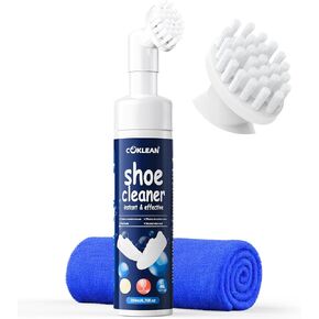 Water-free Sneaker Cleaner, White Shoe Cleaner Kit with Towel Built-in Brush, 6.76 Oz Foam Tennis Shoe Cleaner for Running Shoes, Casual Shoes, Basketball Shoes, Golf, Rubber, Foam, PU, Nubuck