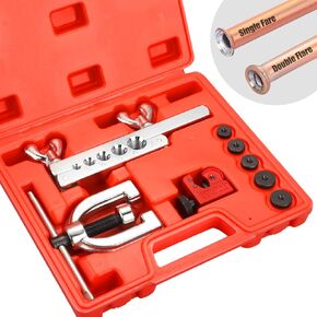 Flaring Tool Kit - Double & Single Tubing Flaring Tool Repair Kit with Tube Cutter and 5 Adapters Compatible with Copper、 Aluminum、 Brass、 Magnesium and Soft Steel